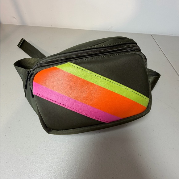 Bagging Rights Belt Bag - olive green with pink, orange, and chartreuse stripe. - Picture 3 of 7